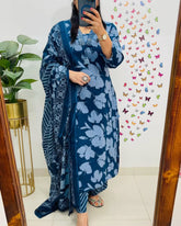 *🧶💫New Designer Floral Cotton Suit set collection*
*Designer Mughal/Kalamkari Fusion Floral print kurti pant dupatta set🌞🌤️*